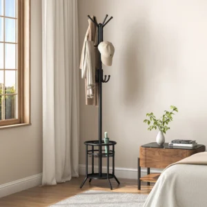 12-Hook Freestanding Metal Coat Rack with Storage Shelf